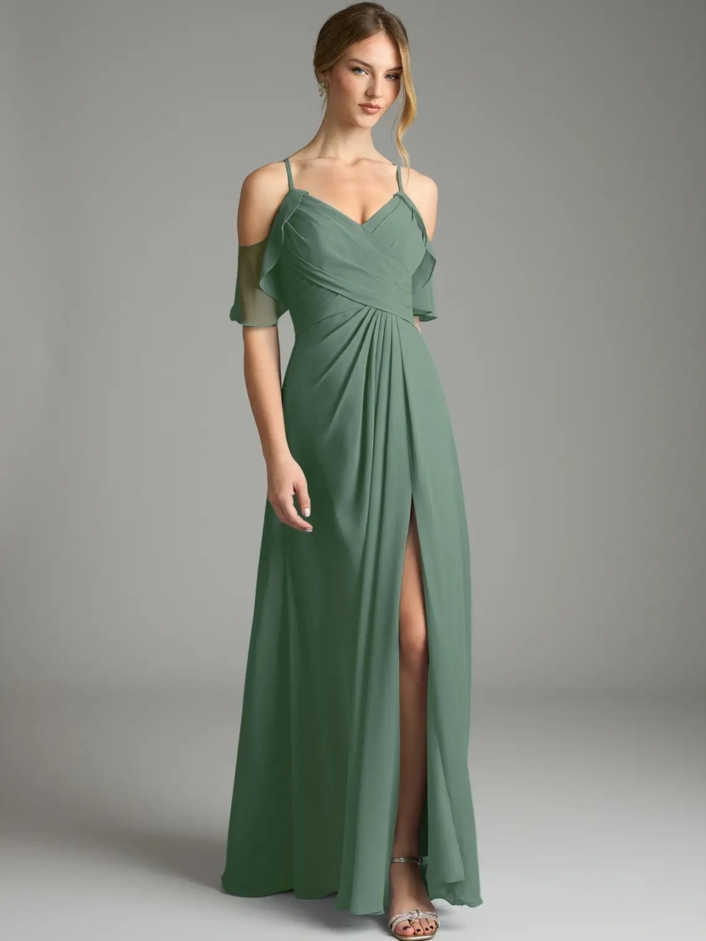 Azazie Sage Green Cold-Shoulder Evening Gown